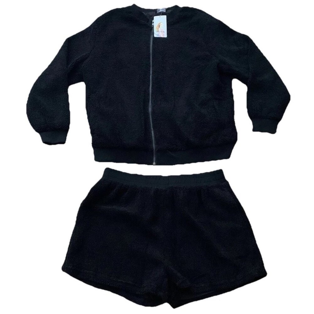 New XL Pretty Garden Chic Comfy Fleece Jacket Short Set Black Women’s